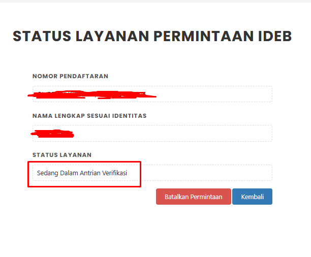 Hasil Pengecekan Layanan Pendaftaran IDEB