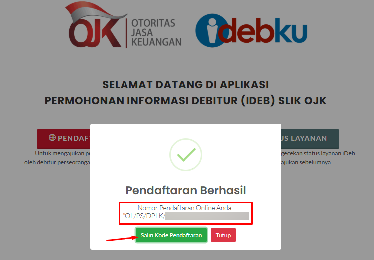 Pop-up Pendaftaran BI Checking Berhasil